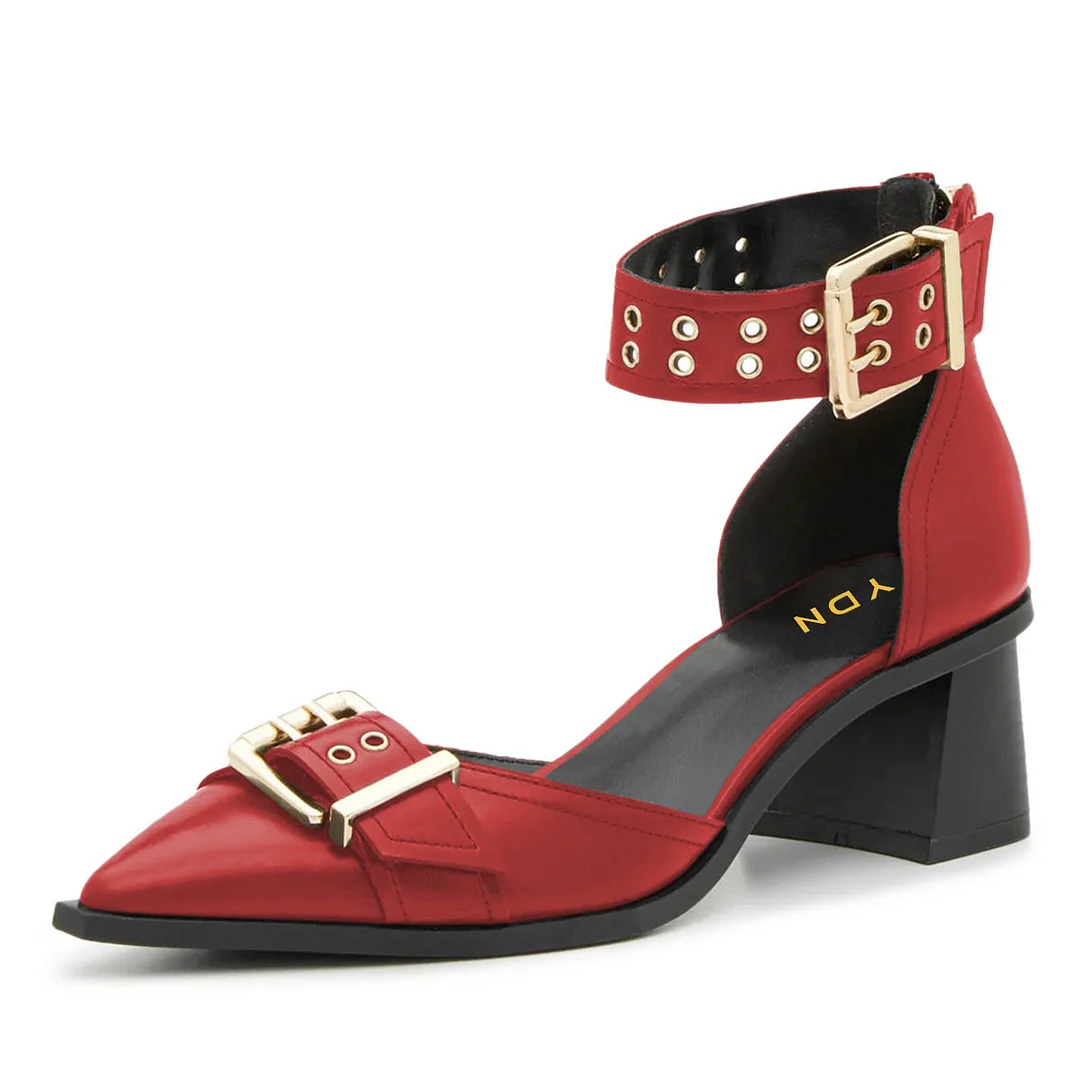 Red Pointed Toe Grommet Strap Block Heel Buckle Pumps for Women