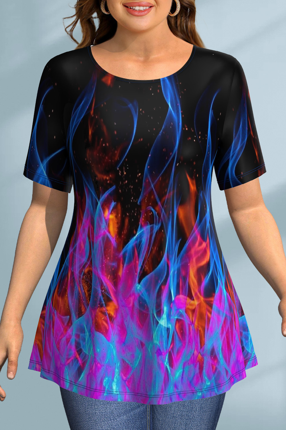 Flycurvy Plus Size Halloween Black Contrast Color Flame Print T-Shirt