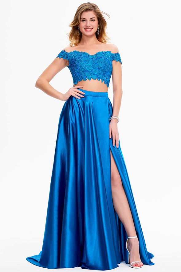 Ovlias Romantic Blue Off-the-shoulder Applique Split Satin Prom Dress LY0508