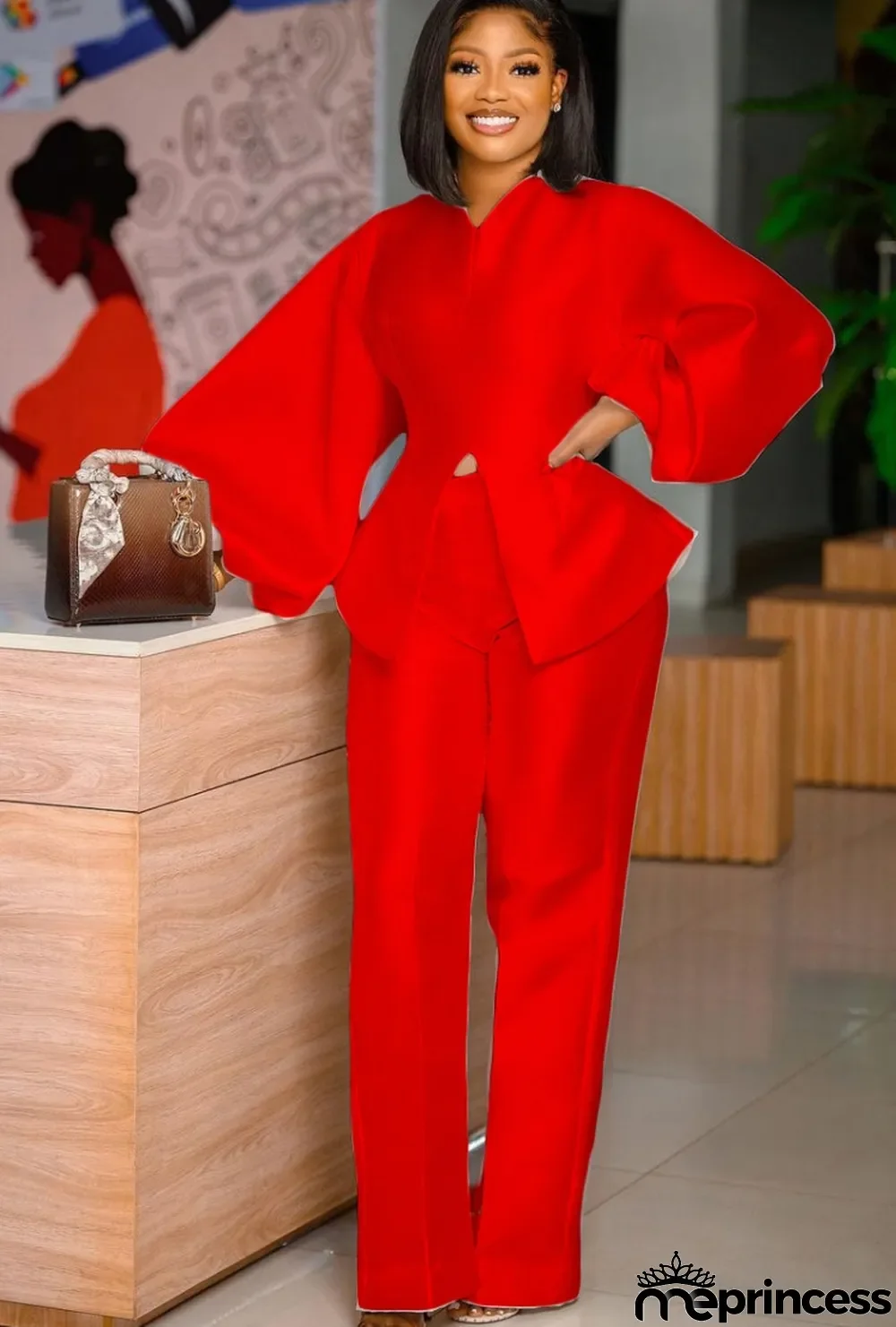 Autumn Formal Red Puff Sleeve Peplum Top and High Waist Pants Set