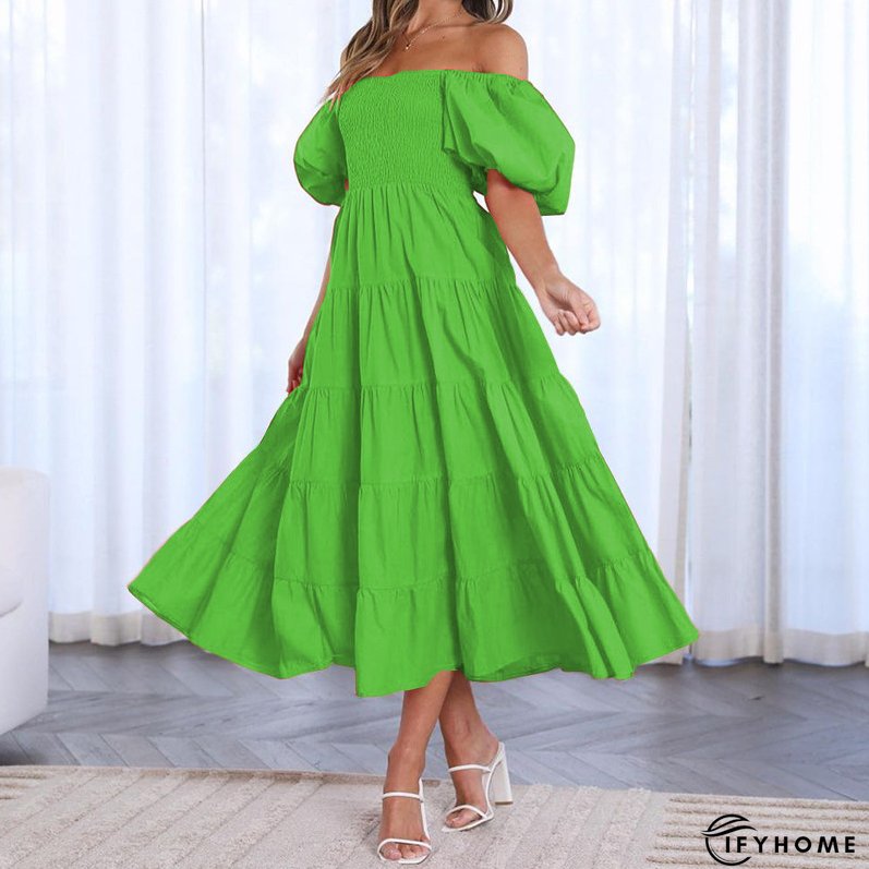 Summer Women's Fashion Loose Off Shoulder Puff Sleeve A-Line Midi Dress | IFYHOME