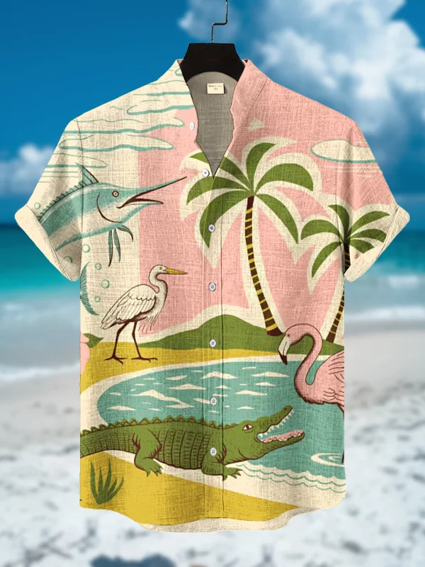 Men's Swamp Wetland Animals Print Short Sleeve Vacation Shirt
