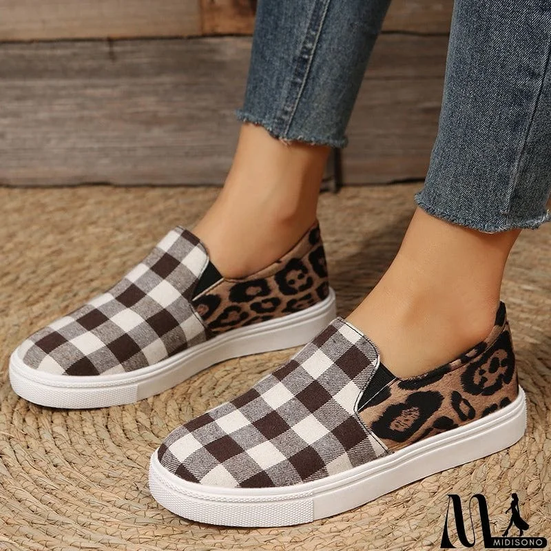 MidiSono - Female Stylish Contrast Color Plaid Print Canvas Shoes