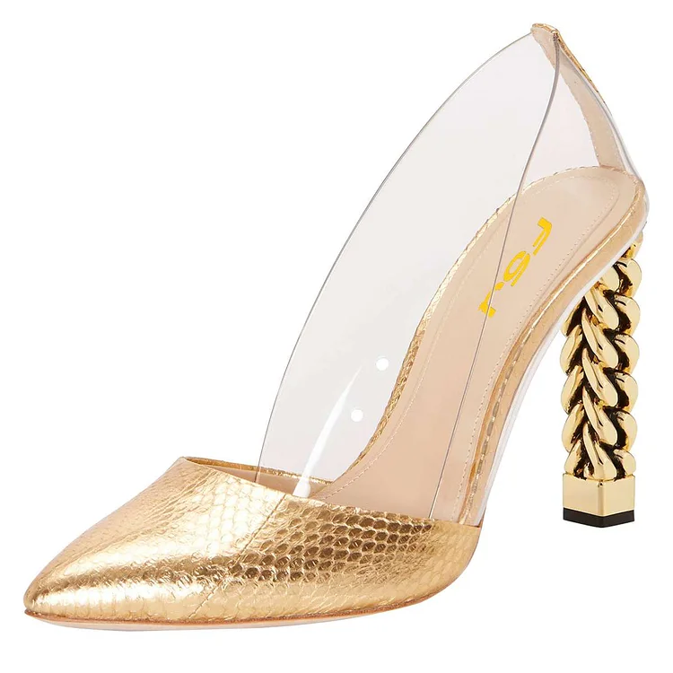 Women's Gold transparent PVC Chunky Heels Pumps by FSJ |FSJ Shoes