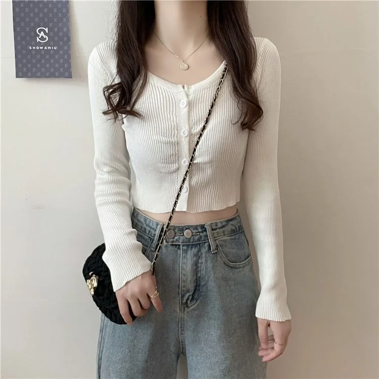 Uveng Uveng Hottie Long-Sleeved Knitted Cardigan Girl Spring Design Slim Short Umbilly Bottom Shirt Top
