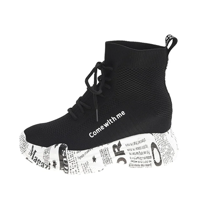 Lucyever Fashion Letter Graffiti High Platform Ankle Boots for Women Hidden Heels Knitted Casual Shoes Woman Slip on Botas Mujer