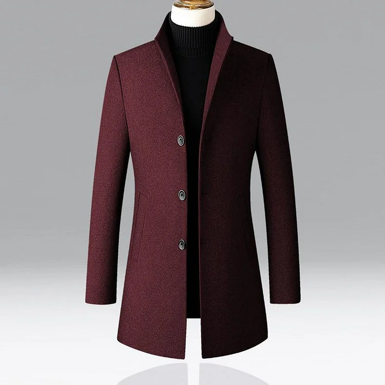BrosWear Men's Simple Stand Neck Grey Single Breasted Woolen Coat