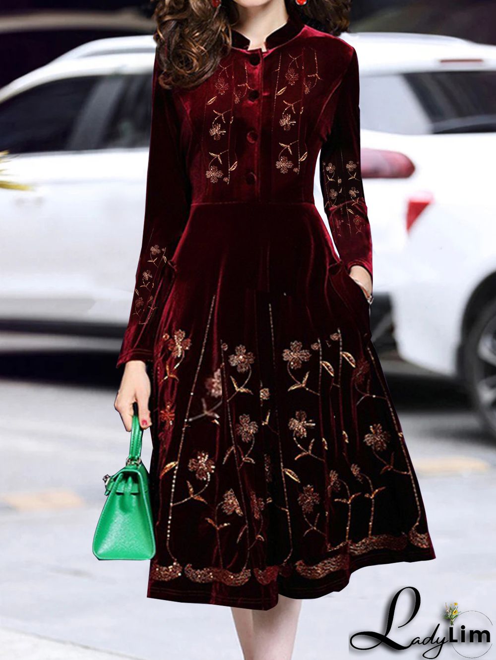 UR Casual Floral Stand Collar Button Long Sleeve Velvet Midi Dress