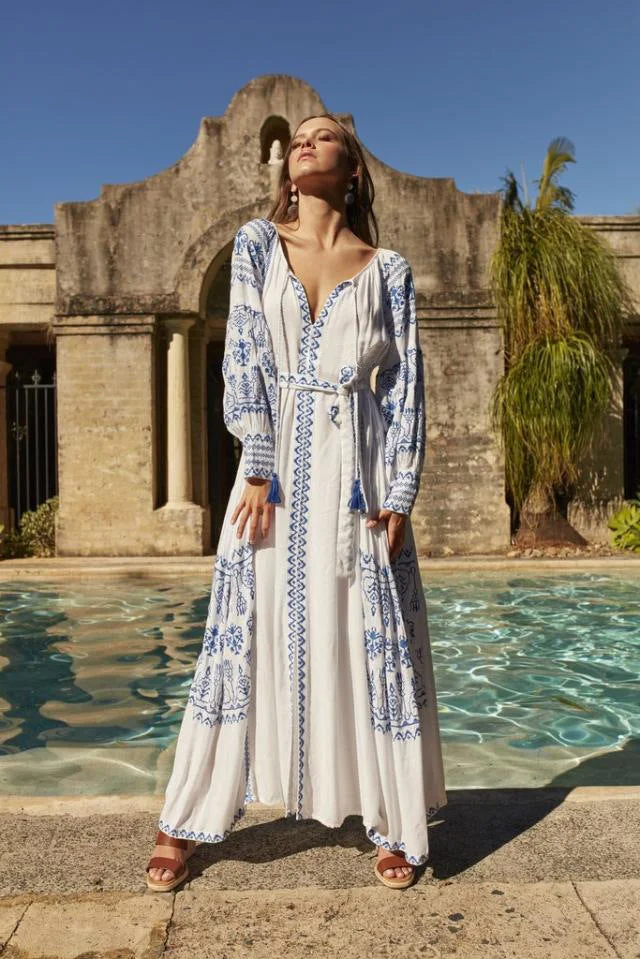 Women Dresses Bohemian Holiday V-neck Embroidered Lantern Sleeve Dress