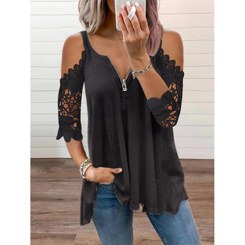 Summer Elegant Cutout Women's Sexy Lace Zipper V Neck Loose T-Shirts