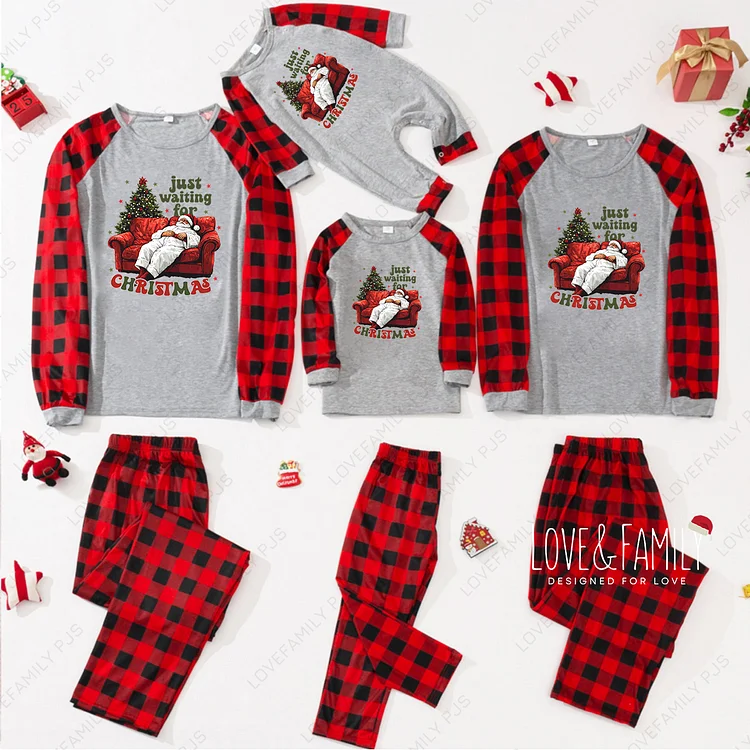Just Waiting For Christmas Santa Family Matching Buffalo Pajamas Sets(Gray)