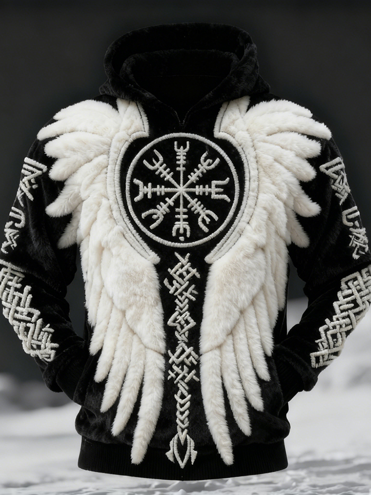 Men's Viking Vegvisir With Wings Art Cozy Plush Hoodie elevenforest
