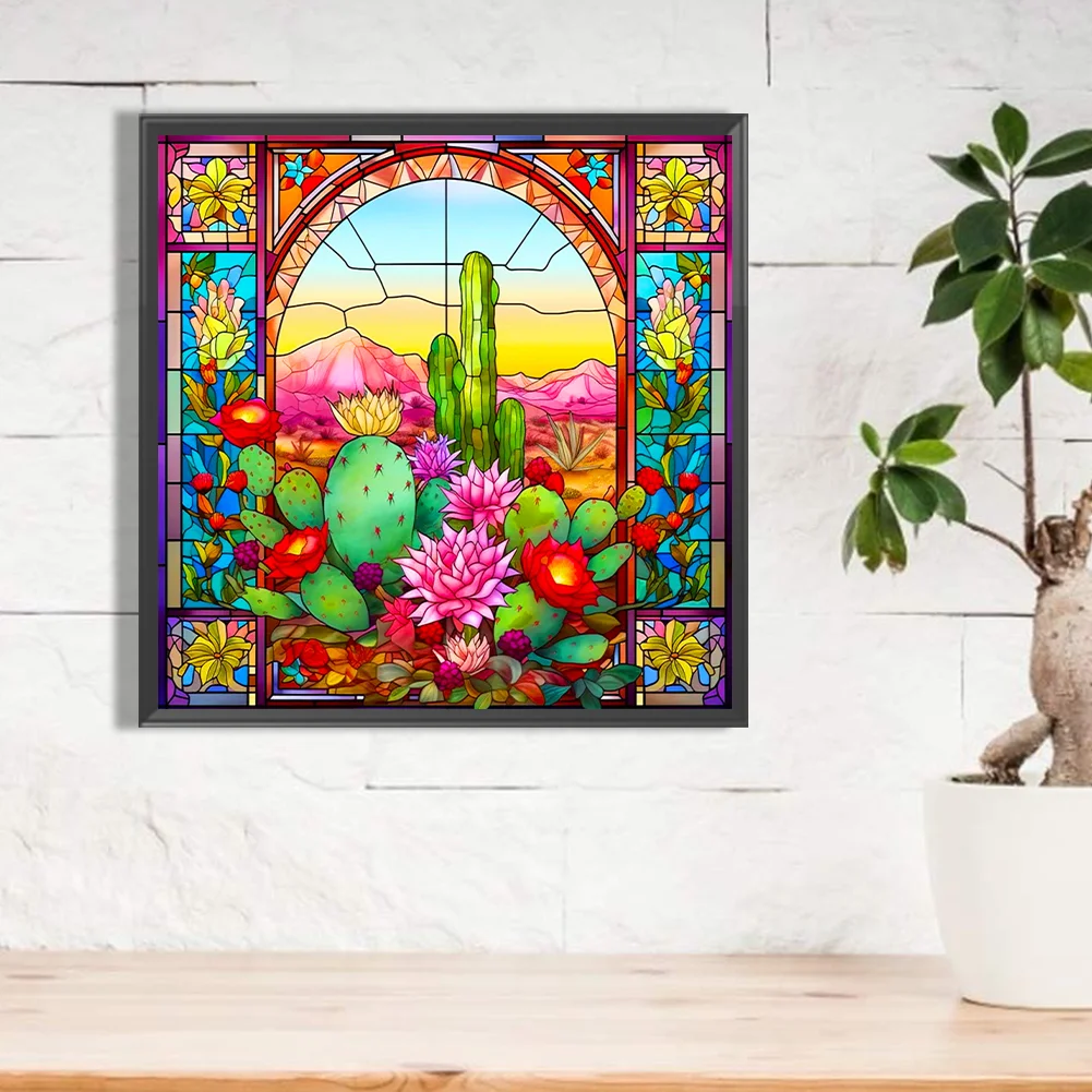 Diamond Painting - Full Round Drill - Stained Glass Cactus(Canvas|40*40cm)
