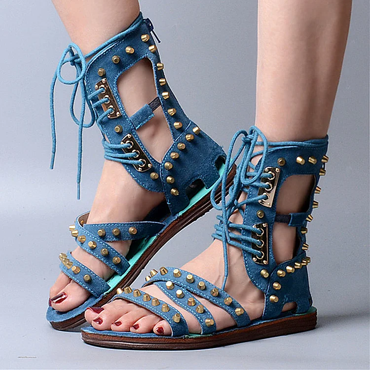 Blue Studded Lace-Up Strappy Sandals with Open Toe Vdcoo
