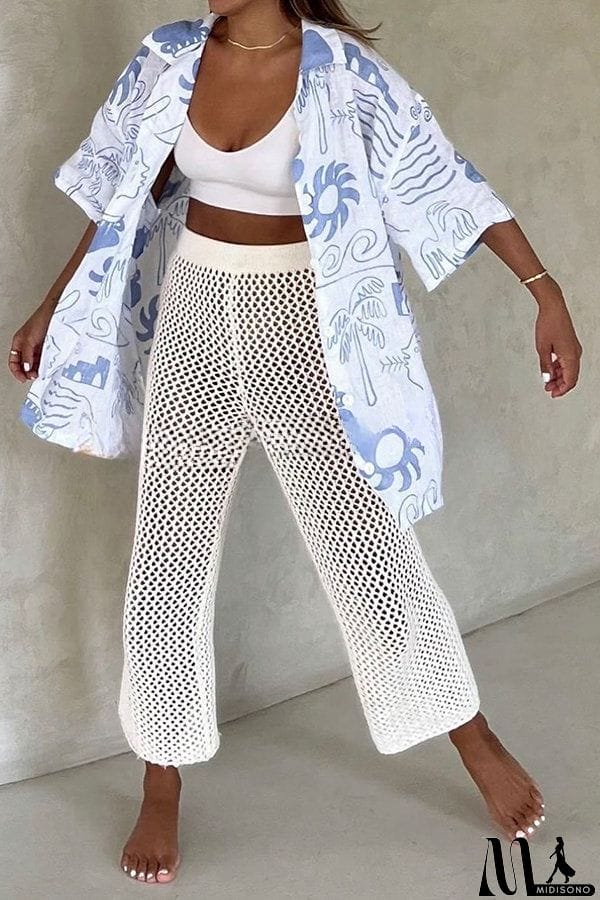 MidiSono - Quiet Beach Linen Blend Printed Oversized Blouse and Elastic Waist Shorts Set