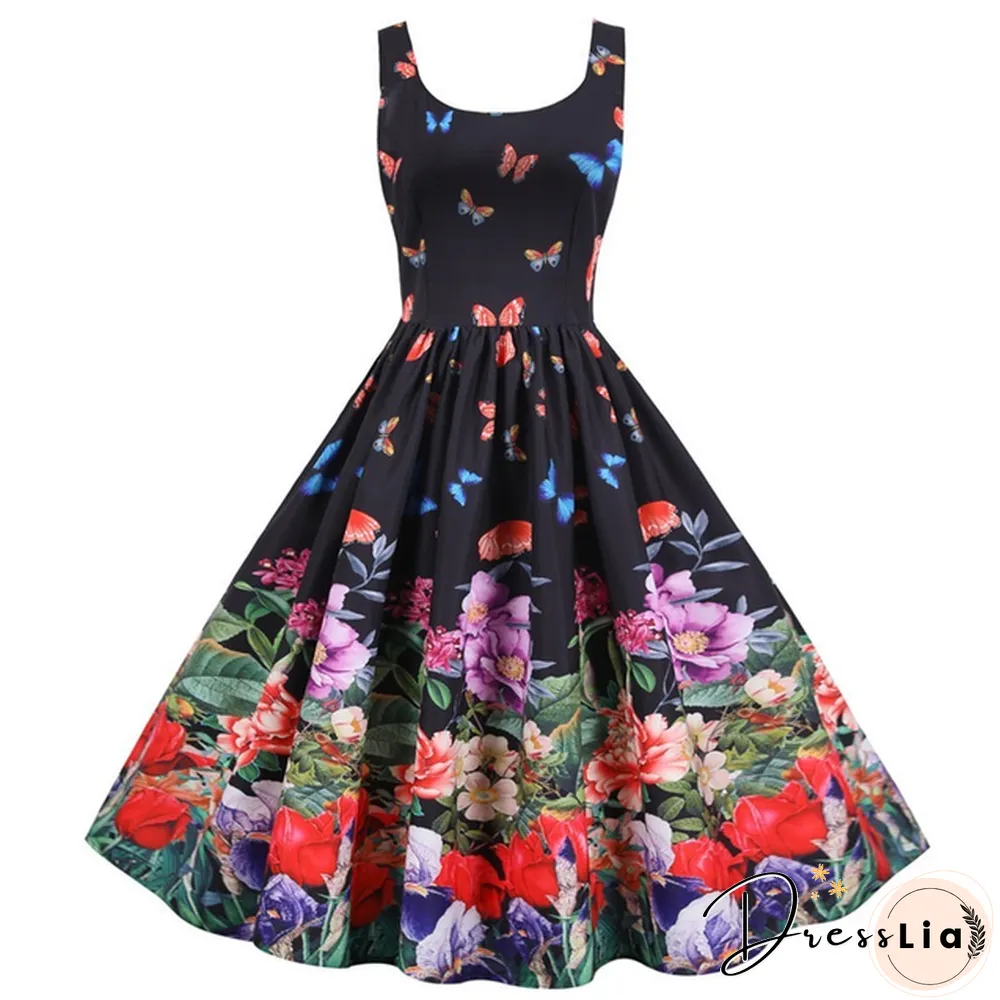 Sweet Heart Print Swing Vintage Women Summer Dress Sexy Halter Retro Rockabilly Rave Party