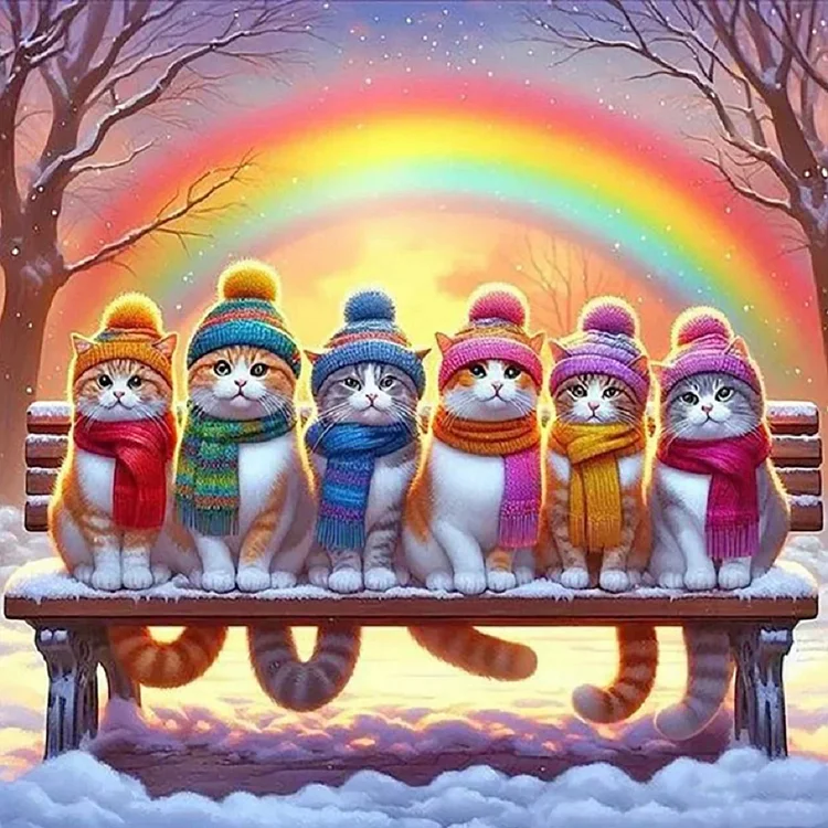 Full Round Diamond Painting - Rainbow And Six Cats 50*50CM