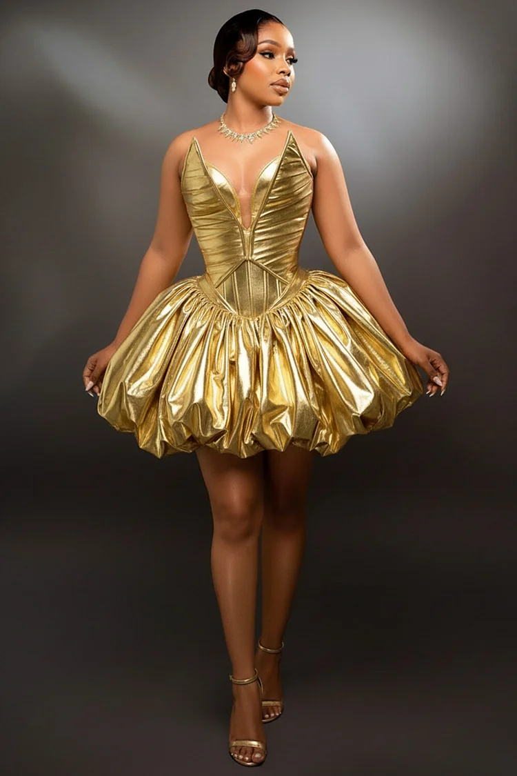 Strapless V Neck Metallic Party A-Line Mini Bubble Dresses-Gold [Pre Order]