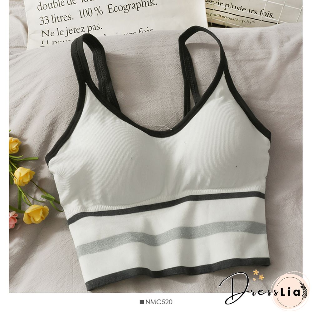 Korean Crop Tops Slim Fit Spaghetti Strap Tanke Top Women Built In Bra Off Shoulder Versatile Striped Camisole Sleeveless Ins