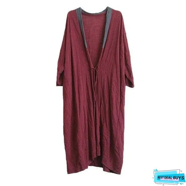 Women Vintage Cotton Linen Trench Patchwork New V-Neck Bat Sleeved Female Casual Trench Coats