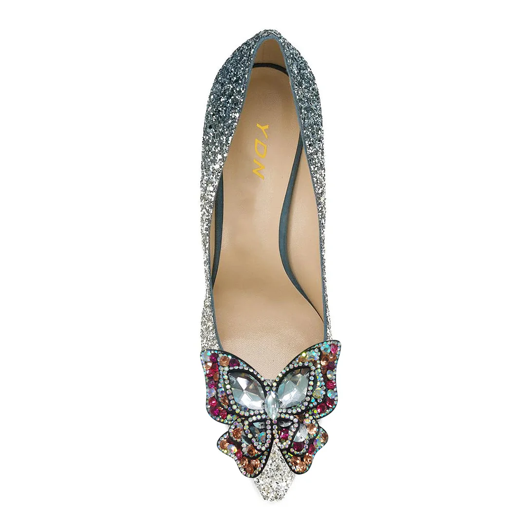 Silver Glittery Pointed Rhinestone Embellished Butterfly Party Heels