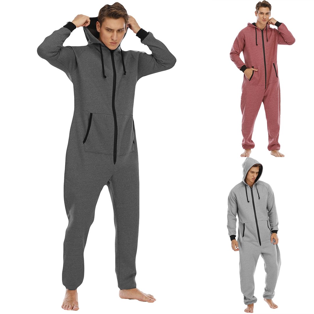 Men Jumpsuit Pajamas Set Long Sleeve Hooded Zip Front Fleece Pajama Set Adult Onesies Nightwear-Pajamasbuy