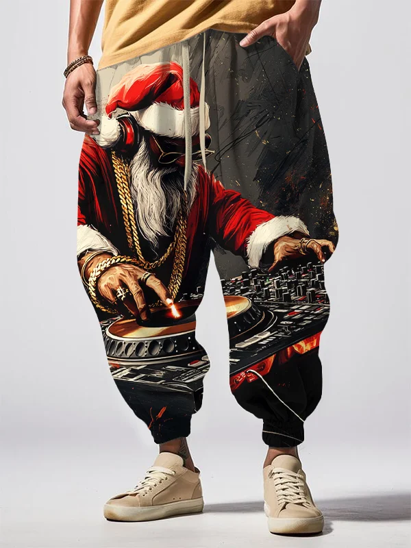 Men's Hip Hop Santa DJ Christmas Print Loose Drawstring Waist Sweatpants