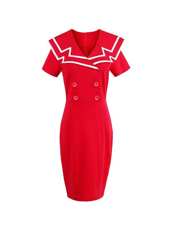 50s Retro Pencil Dress Buttons Decor Short Sleeves Sheath Dress