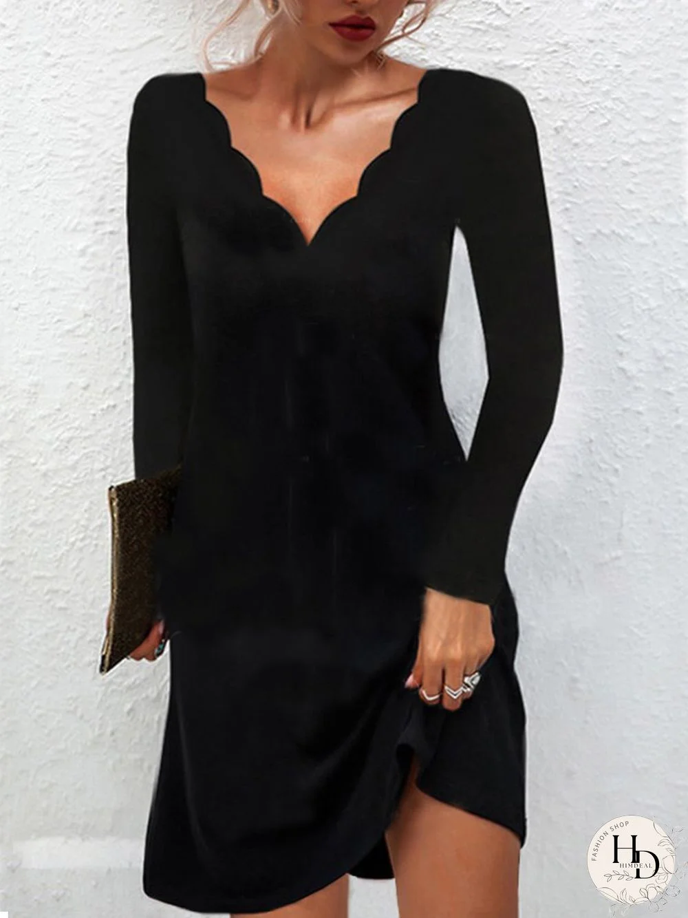 Sexy Solid V neck Long Sleeve A-line Dresses