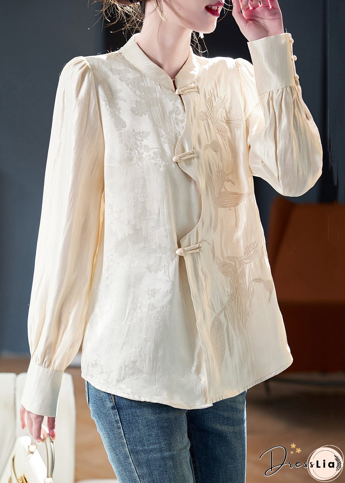 New Apricot Embroidered Button Cotton Shirt Long Sleeve