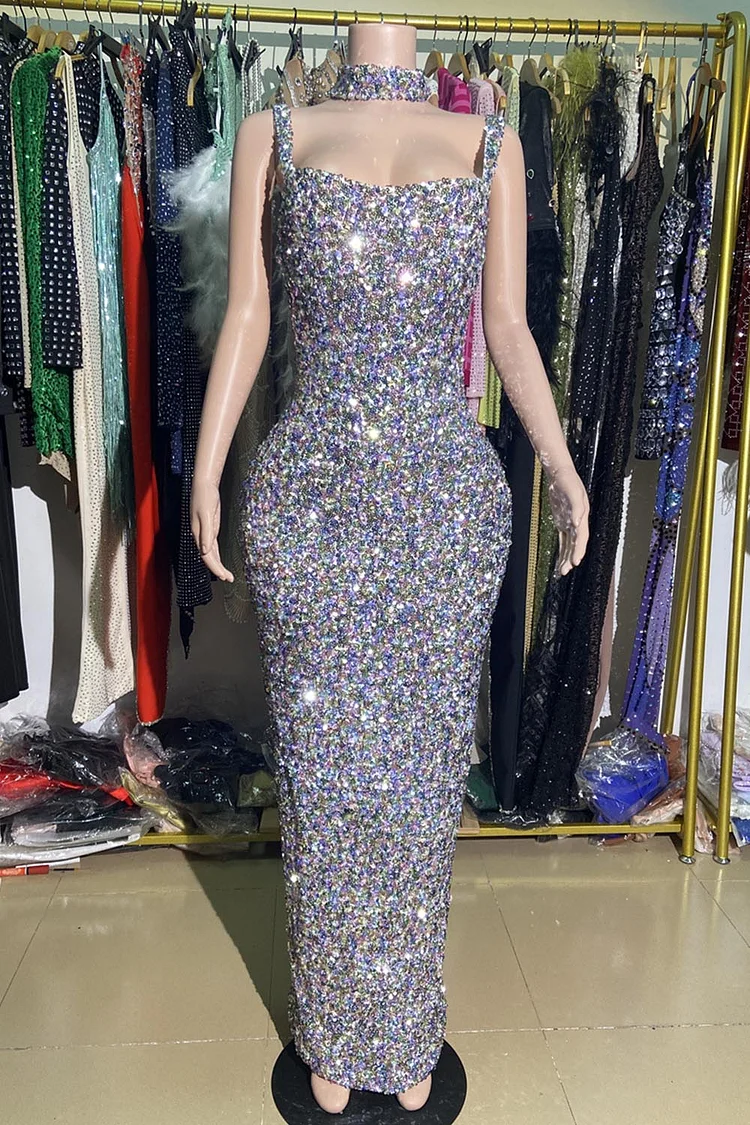 Sleeveless Sequin With Scarf Maxi Dress-Silver