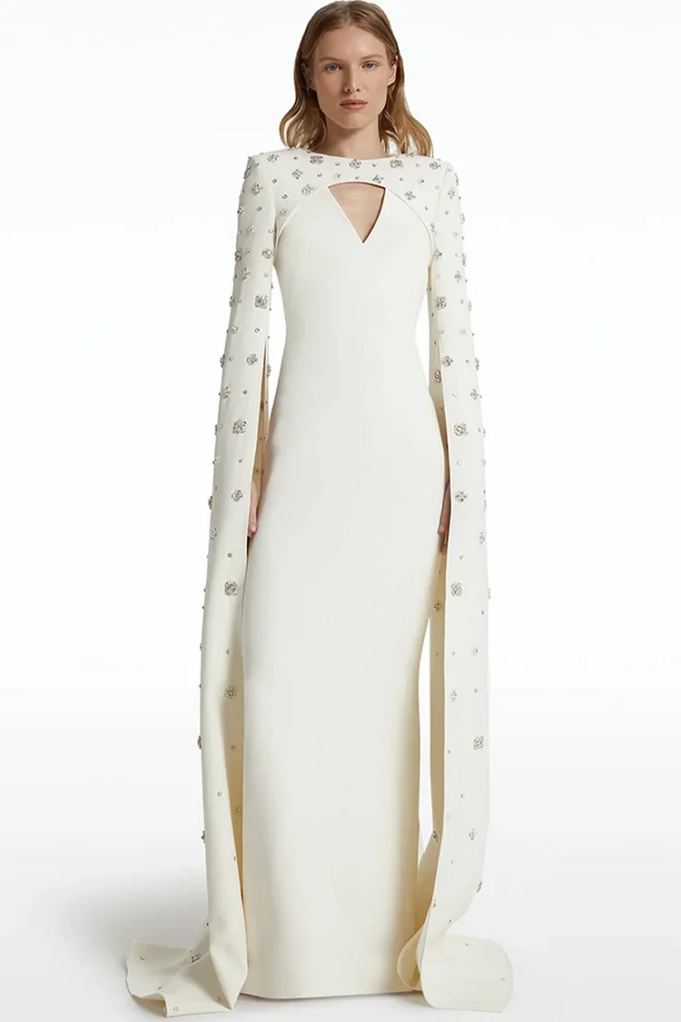 Floral Rhinestone Cut Out Cape Sleeve Maxi Dress-White