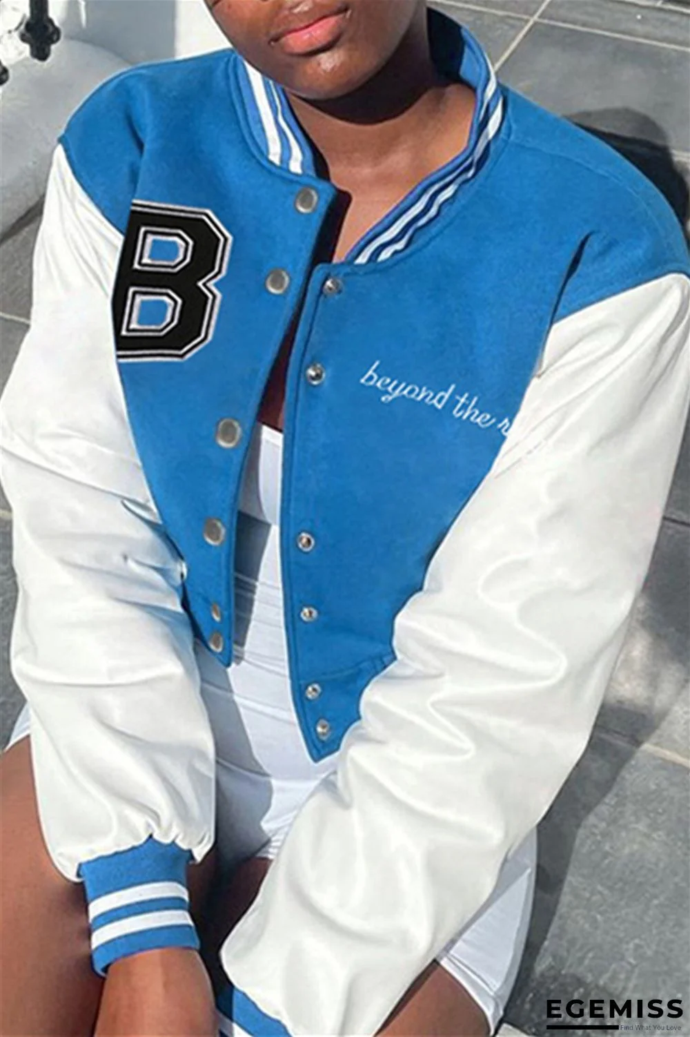 Blue Fashion Casual Letter Embroidery Patchwork O Neck Outerwear | EGEMISS