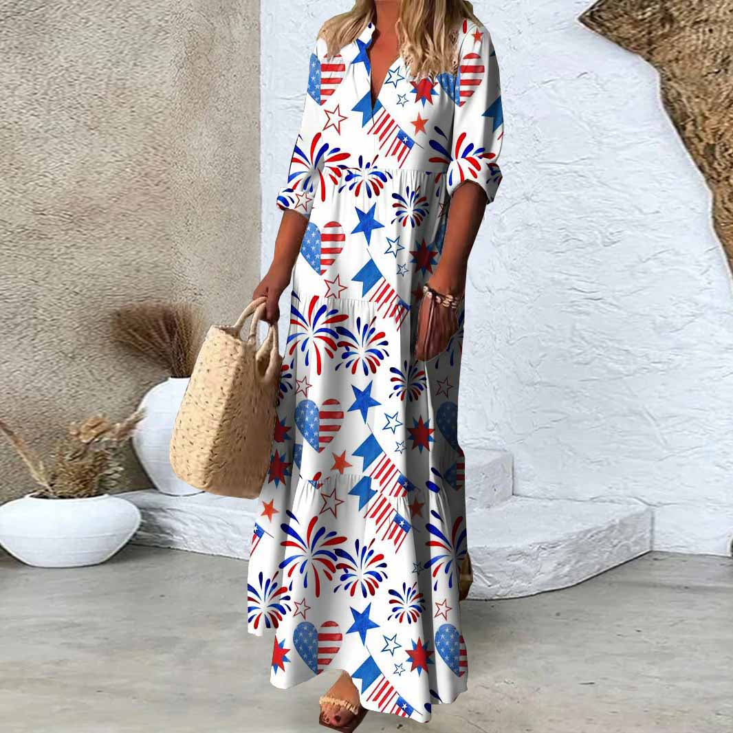 Women  Independence Day, Star, Striped, Blue, Red DZDN0222 SPU Printed Long Sleeve V-neck Maxi Dress