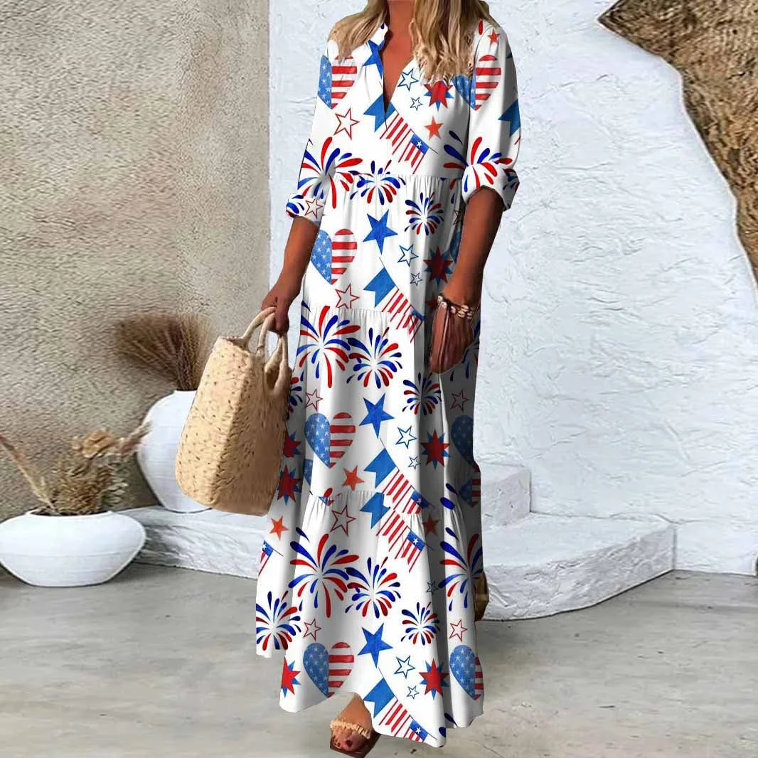 Women  Independence Day, Star, Striped, Blue, Red DZDN0222 SPU Printed Long Sleeve V-neck Maxi Dress