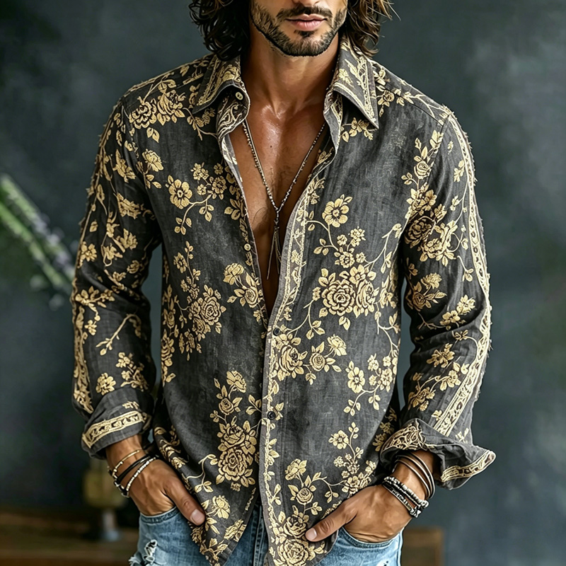 Men's Spring Summer Colorful Floral Embroidered Art Print Flowy Linen Blend Shirt  artssus