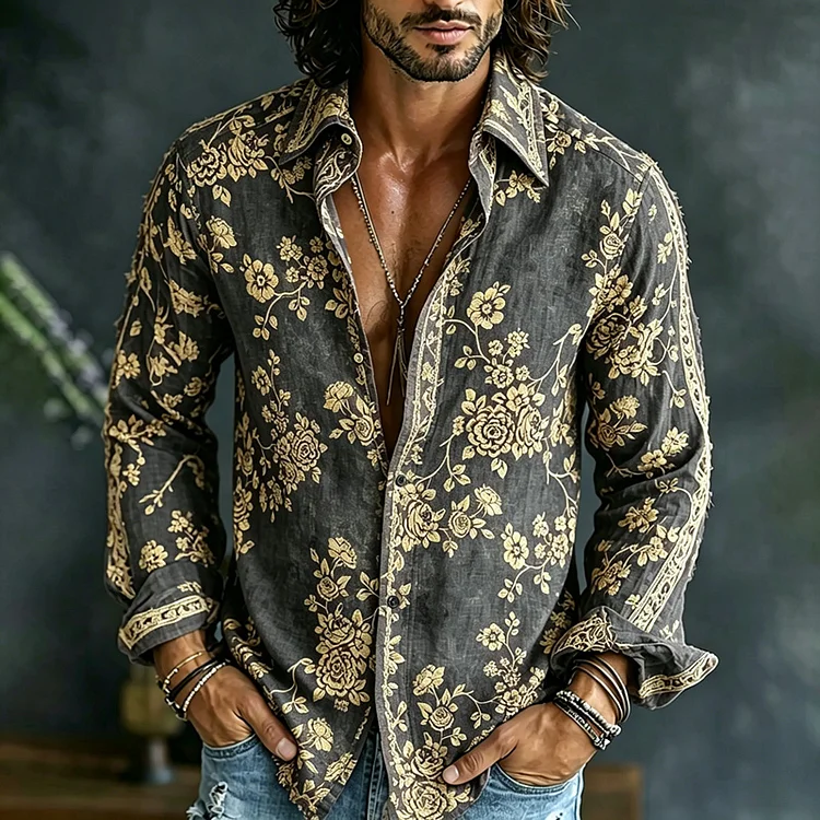Men's Spring Summer Colorful Floral Embroidered Art Print Flowy Linen Blend Shirt