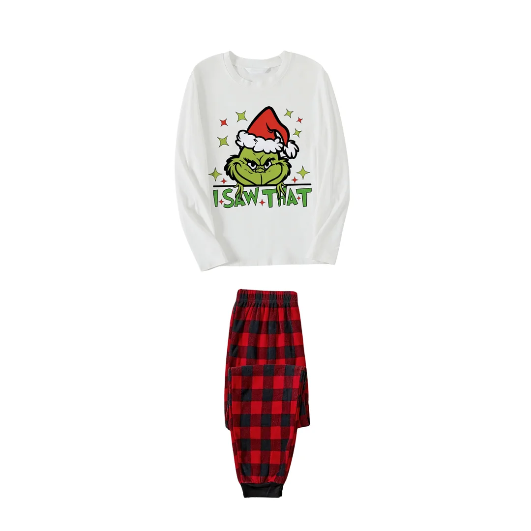 Cartoon Pattern and "I Saw that" Text Printed Red & Black Plaid Family Matching Pajamas