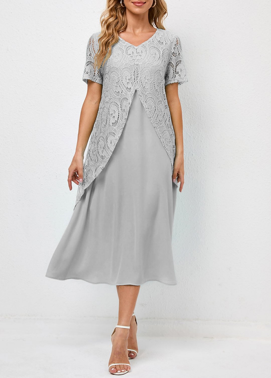 V Neck Lace Stitching Light Grey Dress