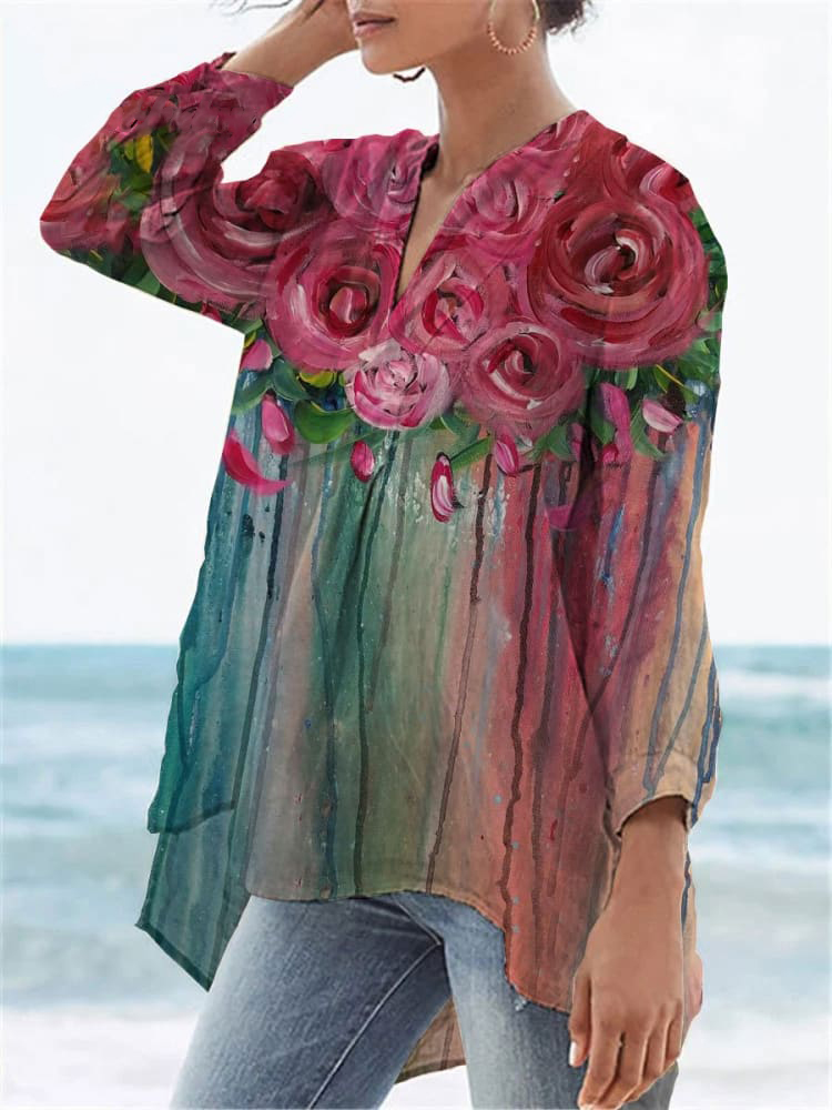 Women's  Flower Print Casual Linen V-neck Shirt