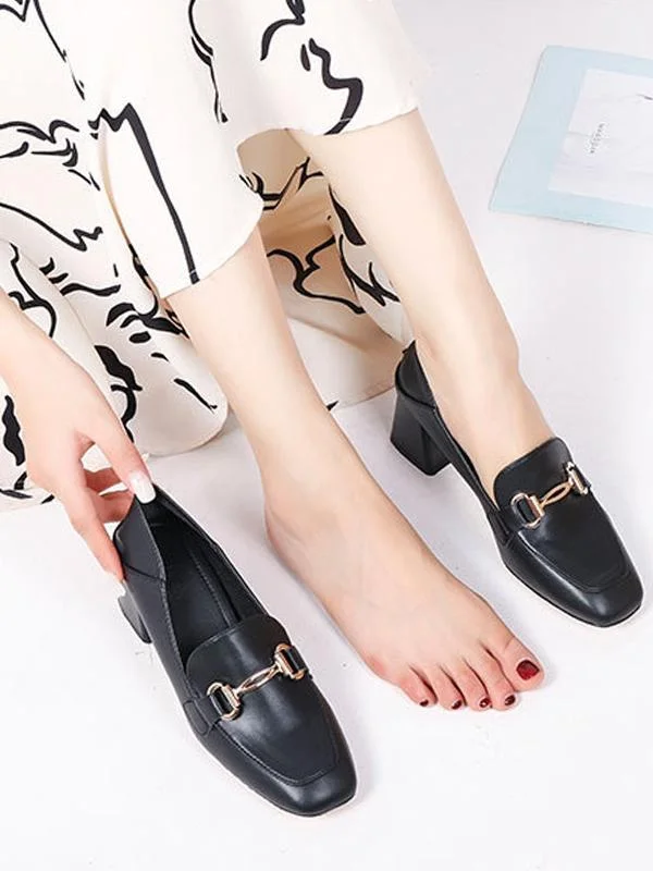 Fashionable metal buckle casual high-heel chunky square toe loafers