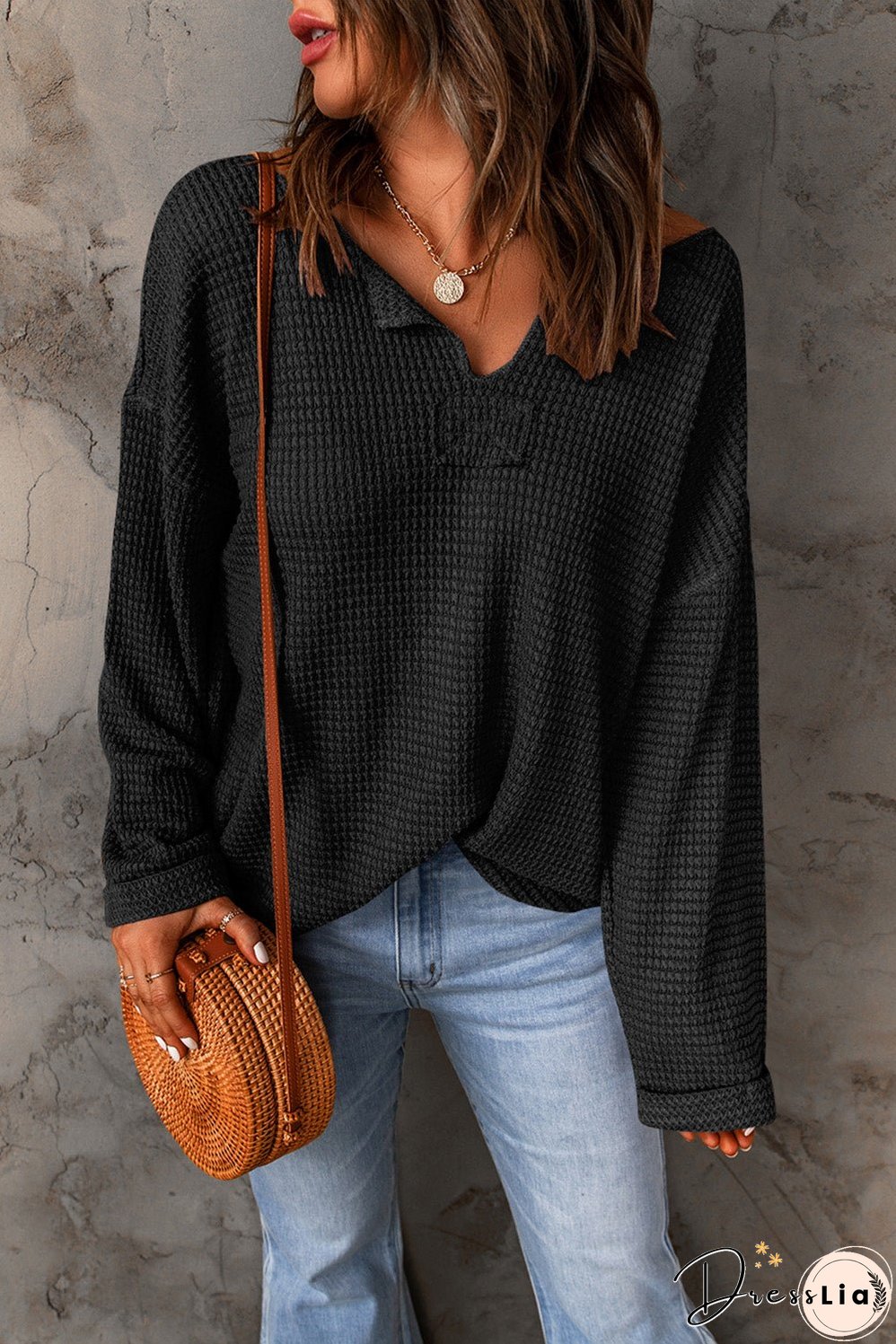 Cozy Black Waffle Texture V-Neck Top