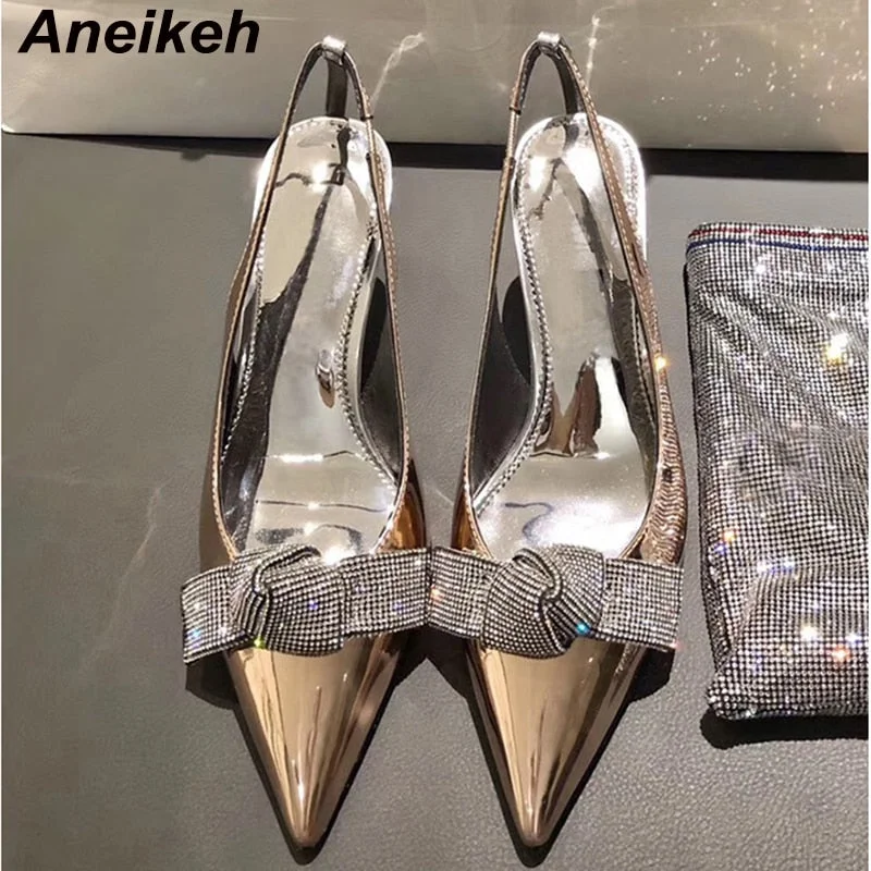 Aneikeh New Summer Fashion Women's Pumps Sexy CRYSTAL Butterfly-knot STILETTO SHOES Ladies Party Pointed End Shallow Pumps 41 42