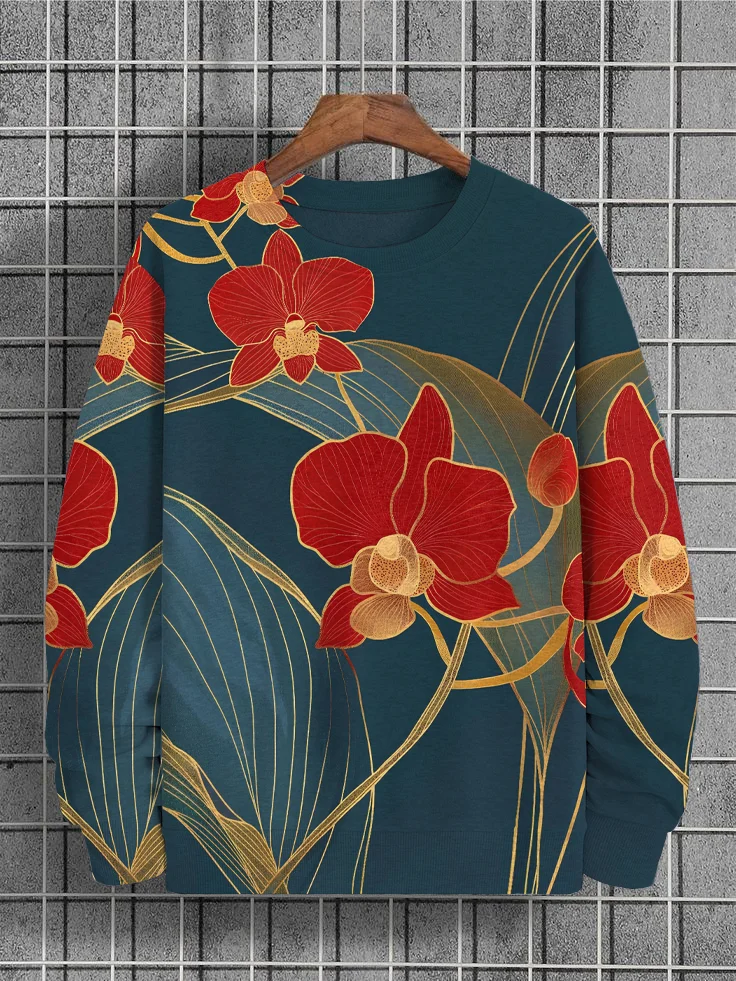 Men's Retro Floral Japanese Art Print Casual Sweatshirt