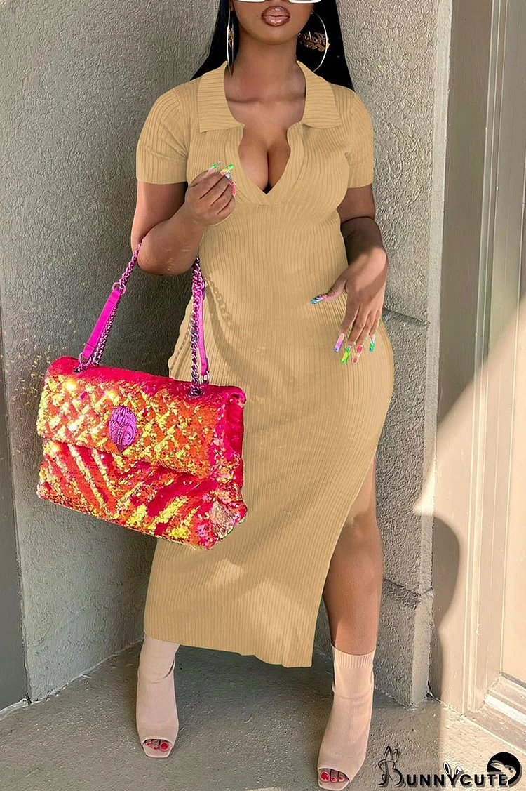 Khaki Casual Solid Split Joint Slit V Neck Straight Dresses