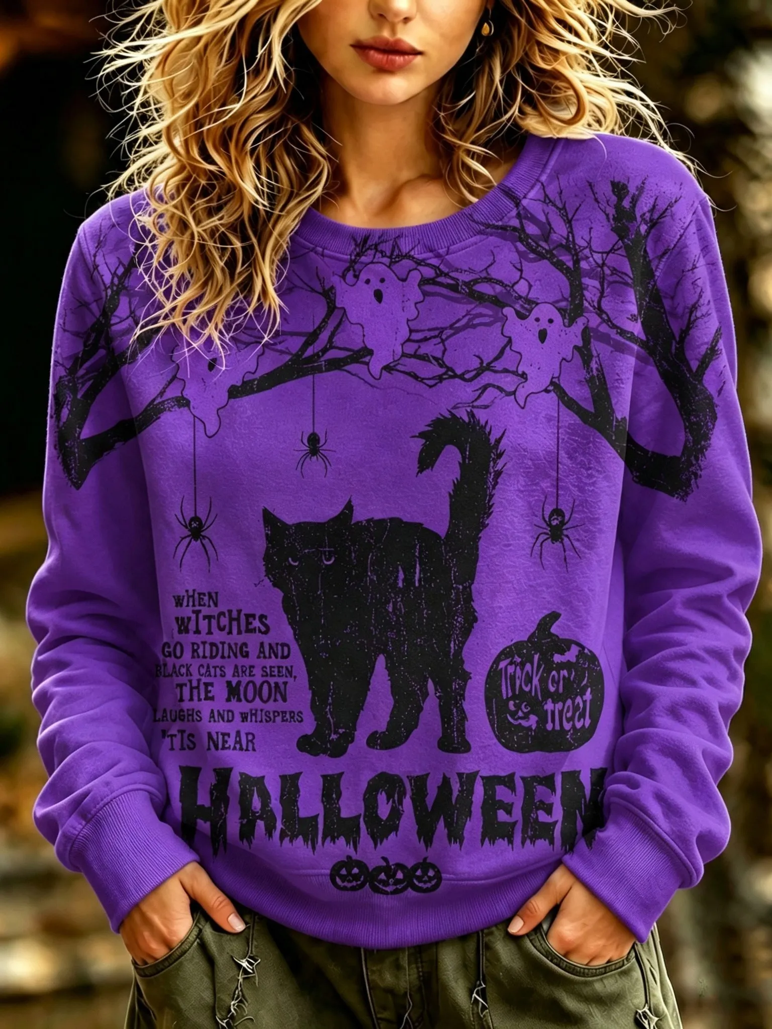 Women's Retro Halloween Style Cat, Spider, And Ghost Printed Sweatshirt artswardrobe