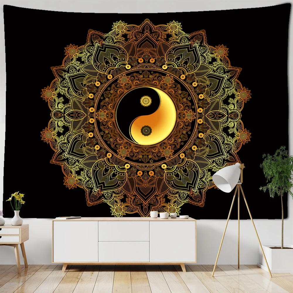 Mandala Pattern Tapestry Psychedelic Tai Chi Wall Hanging Dark Hippie Aesthetics Room Dormitory Living Home Decor