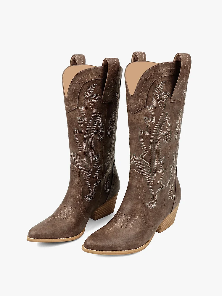 60mm Women's Mid-calf Cowboy Boots Pointy Toe Boot Embroidered Western Cowgirl Boots Chunky Heels
