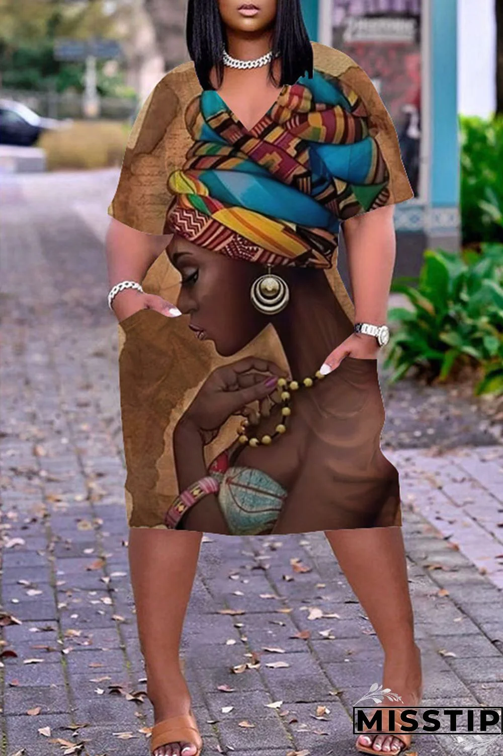 White Plus Size Fashion Print Pocket V Neck Straight Dresses