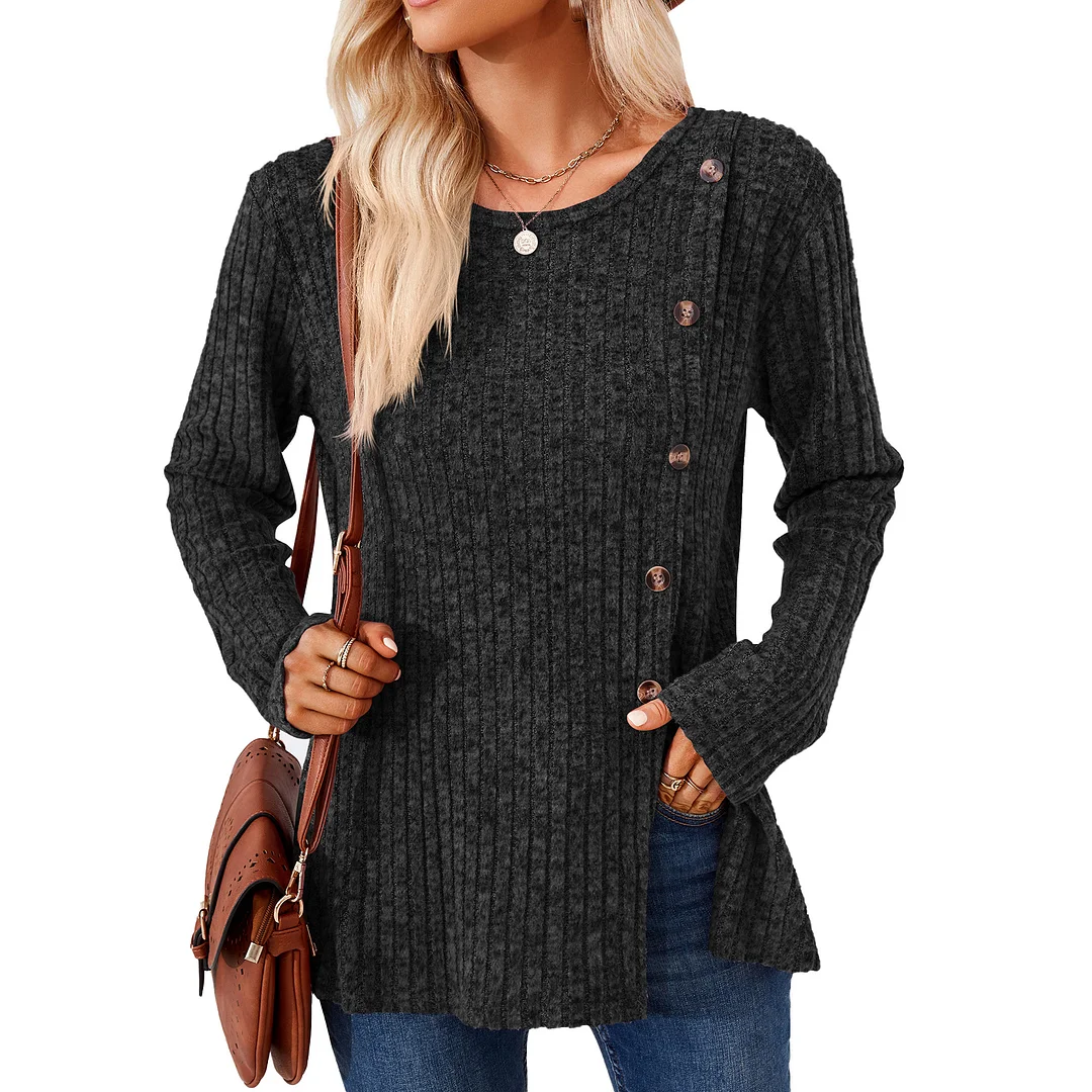 Churchf Churchf New Round Collar Solid Color Splicing Button Long Sleeve Loose T Shirt Women